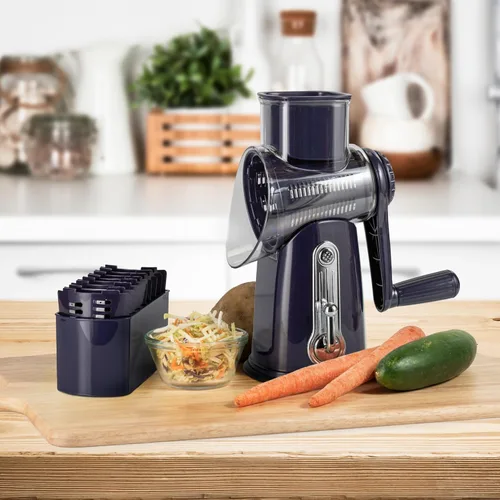 Miniatura 7 de Rallador de queso giratorio 5 en 1 con asa, cuchillas de acero inoxidable, cortador y triturador de verduras, molinillo de nueces, rallador