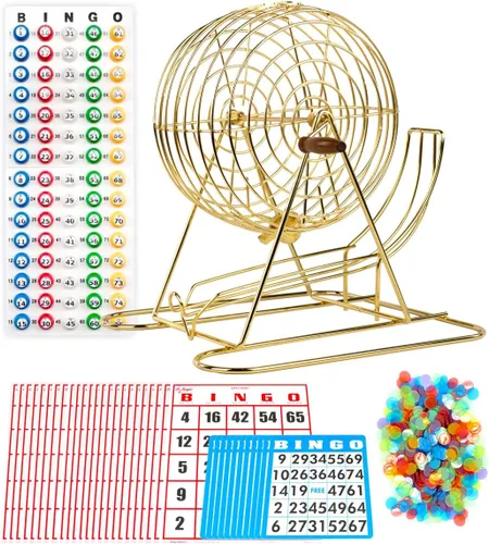 Regal Bingo - Juego de bingo profesional con jaula de rueda de 11 pulgadas, 75 bolas de bingo, tablero maestro, 18 tarjetas de bingo y 25 tarjetas