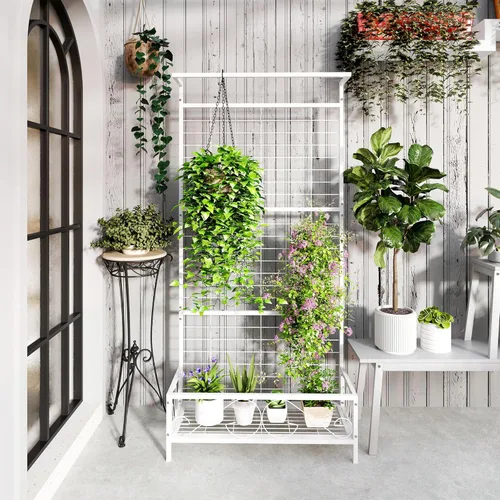Miniatura 5 de Outsunny Soporte alto para plantas con enrejado y barra para colgar, soporte de metal para plantas trepadoras, flores, uso en interiores y Blanco