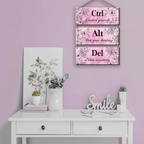 Miniatura 4 de 3 piezas de decoración de pared rosa intenso para niña, decoración de pared de oficina, arte floral de madera, inspirador con citas positivas Ctrl