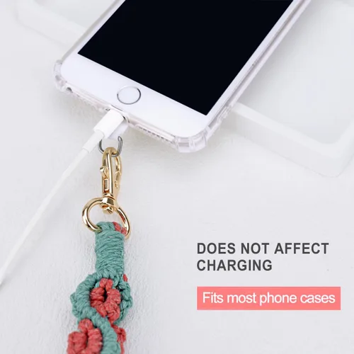 Miniatura 5 de Correa de muñeca bohemia de macramé para teléfono, cordón para teléfono celular con pestaña de amarre, dije de llavero, cadena de teléfono Flores