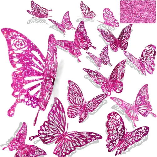 Miniatura 19 de 60 calcomanías de pared de mariposa plateada iridiscente 3D, calcomanías holográficas con 5 estilos murales de papel decorativo para guardería, aula