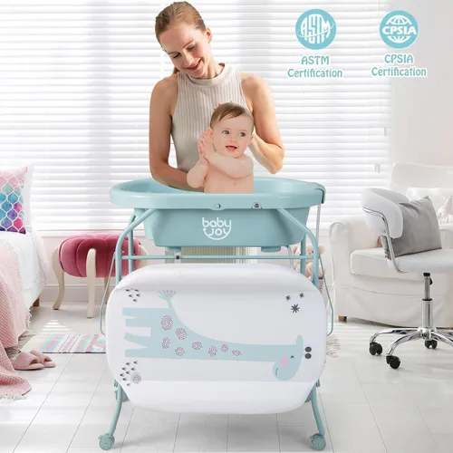 Miniatura 8 de BABY JOY Bañera para bebé con cambiador, estación plegable para cambiar pañales con bandeja de almacenamiento, almohadilla impermeable, organizador