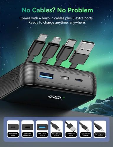 Miniatura 7 de Cargador portátil de 50000 mAh, cargador portátil de carga rápida de 22.5 W con cables integrados, paquete de batería externa de 4 salidas, pantalla