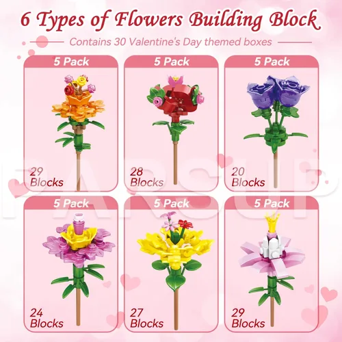 Miniatura 2 de PARSUP 30 piezas de regalos del día de San Valentín para niños, 6 bloques de construcción de flores artificiales diferentes con cajas de regalo