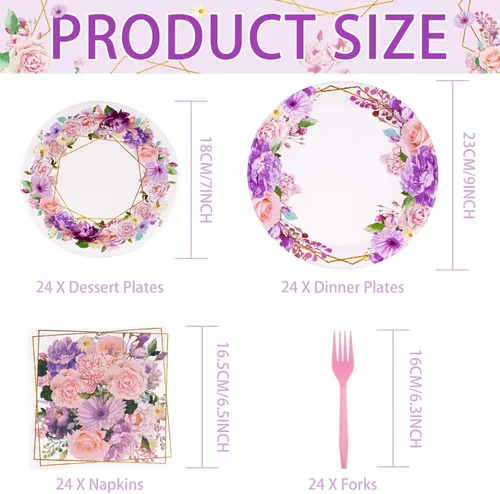 Miniatura 2 de Grencian 96 piezas de suministros de fiesta floral de primavera, platos de papel y servilletas de flores rosas y moradas, juego de vajilla