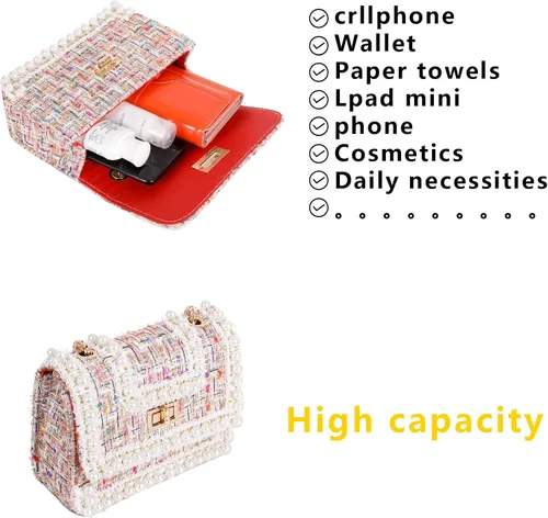Miniatura 5 de Qiayime Monederos y bolsos de mano para mujer, moda con asa superior, bolso de hombro con cadena de cuentas de perlas