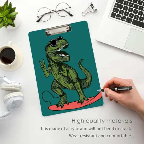 Miniatura 2 de Monopatín verde de dinosaurio, portapapeles de plástico transparente, resistente, lindo bloc de notas A4, clips para escritura, tablero rígido