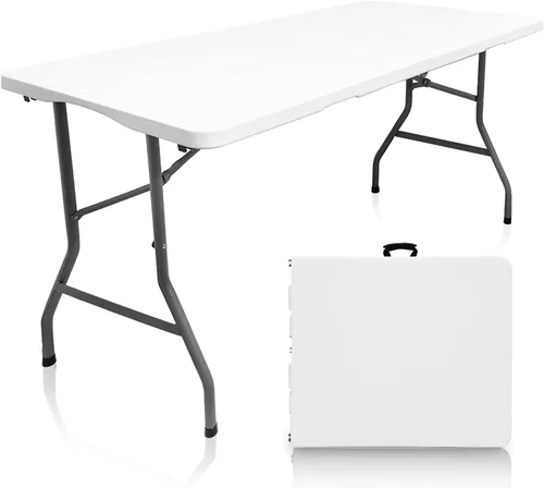 Mesa plegable en media mesa de 5 pies, para interiores y exteriores, mesa de plástico plegable portátil resistente (5 pies)