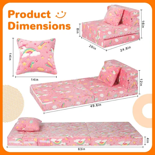 Miniatura 5 de MeMoreCool Silla Cama Futón Plegable para Niños, Sofá Cama Tri-plegable Brillante Convertible Colchón Sofá para Niños Pequeños, Sofá de Espuma