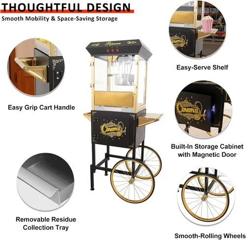 Miniatura 5 de Máquina comercial de palomitas de maíz de 16 onzas con carro, máquina de maíz vintage grande de 850 W con plataforma de calentamiento, máquina
