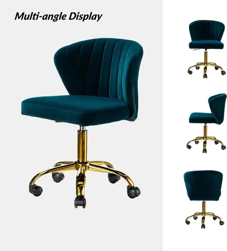 Miniatura 7 de HULALA HOME Silla de escritorio de oficina en casa con ruedas doradas, pequeña silla bonita de tocador con respaldo para dormitorio, silla de Verde