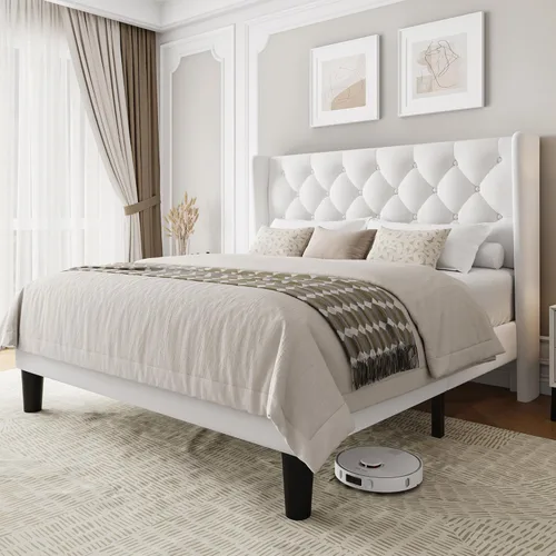 Miniatura 10 de Einhomn Base de cama de plataforma de tamaño matrimonial con cabecera tapizada de tela, 10 pulgadas debajo de la cama, soporte de listones de madera
