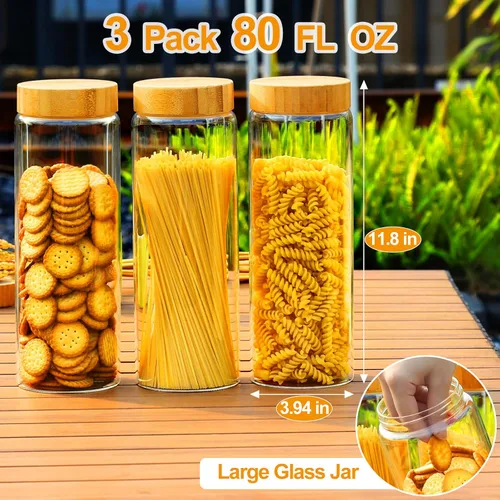 Miniatura 2 de Botes de vidrio con tapas herméticas de bambú - Juego de 3 envases de 80oz para cereales, frascos para galletas, almacenamiento de pasta - Tarros