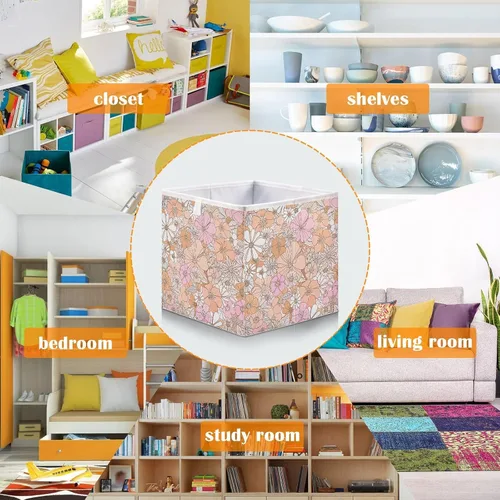 Miniatura 6 de Kigai Contenedores de almacenamiento con diseño floral retro, cubos grandes plegables de 11 x 11 x 11 pulgadas, cesta de almacenamiento para oficina