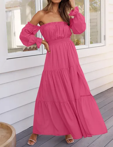 Miniatura 3 de ZESICA - Vestido largo, bohemio y sexy, con hombros descubiertos y manga larga fruncida, con elástico fruncido, cintura alta y abertura lateral