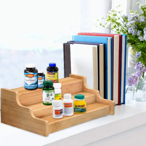Miniatura 4 de Organizador de gabinete de cocina para especias, estante de exhibición expandible de bambú de 3 niveles, color amarillo