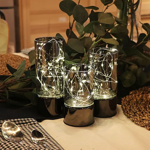 Miniatura 4 de Rhytsing conjunto de 3 linternas de cilindro de vidrio con luces de hadas, lámpara de mesa decorativa con batería, vela sin llama con función