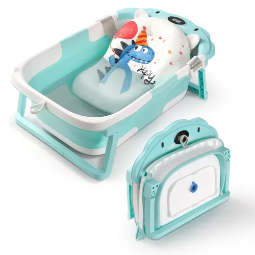 Miniatura 8 de Bañera para bebé, bañera plegable para bebé con termómetro y cojín flotante suave, bañeras portátiles de viaje para bebés para recién nacidos a Gris