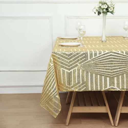 Miniatura 6 de Efavormart - Mesa cuadrada de tul geométrico con lentejuelas doradas brillantes de 72 pulgadas Dorado