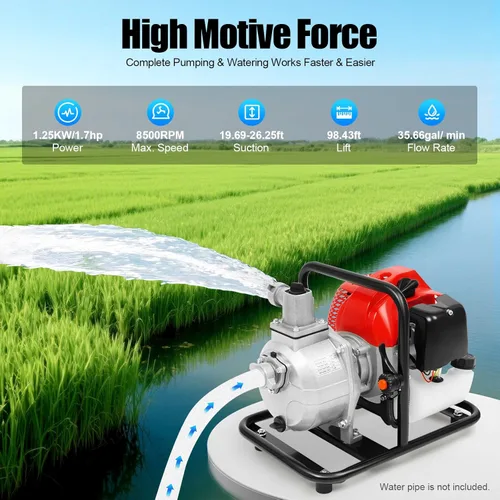 Miniatura 3 de Bomba de Agua de Gas Gasolina, 1" 2 Tiempos 1.7HP Bomba de Transferencia de Agua de Gasolina de Alta Presión para Piscina, Paisajismo o Riego