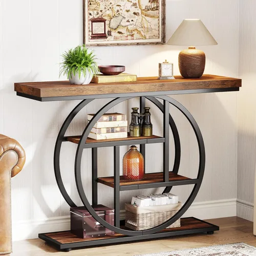 Tribesigns Mesa de Consola de 41.3", Mesa Industrial de 4 Niveles para Sofá Mesa de Entrada con Base Circular, Mesas de Acento de Madera Estrechas