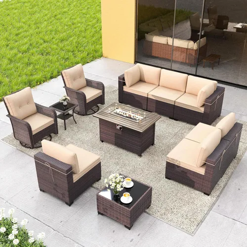 Miniatura 35 de Gotland Juego de muebles de patio de 8 piezas con mesa con fogón, muebles de ratán para exteriores para todo tipo de clima con respaldo alto de 2