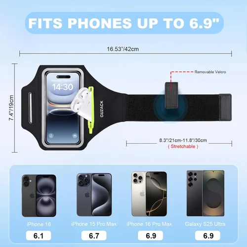 Miniatura 3 de Brazalete para correr con funda para auriculares y ranura para tarjetas, soporte para teléfono para iPhone 17 16 15 14 Pro Max Plus Galaxy S25 S24