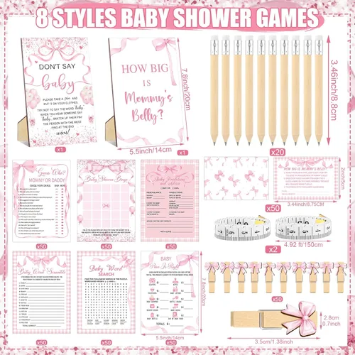 Miniatura 3 de Funnymoom Juego de 426 juegos de baby shower con lazo rosa, 8 juegos, incluye bingo de baby shower, precio correcto, adivina quién, revuelto