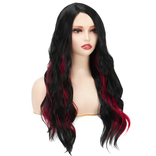 Miniatura 3 de Peluca larga ondulada negra y roja para mujer, color rojo y negro, degradado, sintética, resistente al calor, para disfraz de cosplay