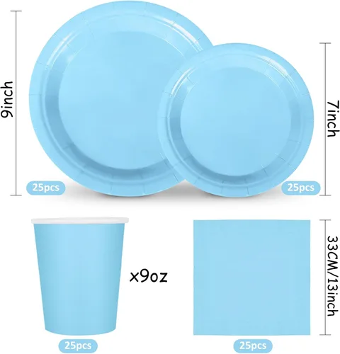 Miniatura 2 de Whaline Juego de vajilla azul claro de 100 piezas, suministros de fiesta de graudación azul, juego de vajilla desechable de verano, 50 platos