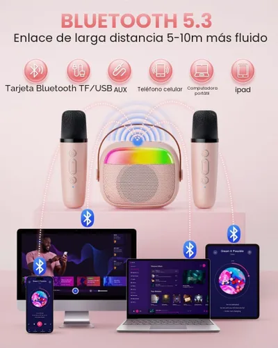 Miniatura 3 de Mini máquina de karaoke para niños, juguete para niñas, altavoz Bluetooth portátil con 2 micrófonos inalámbricos, regalos de juguete de moda