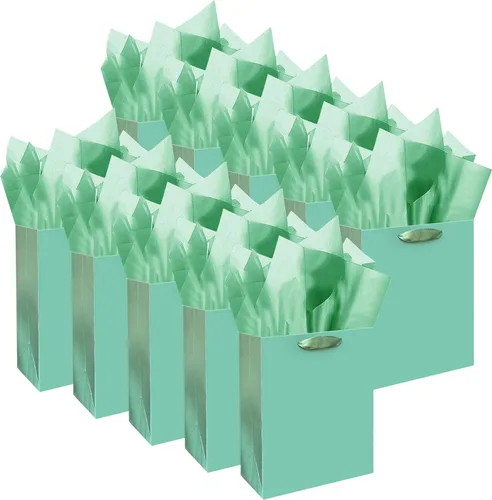 qiqee 10 mini bolsas de regalo color verde frijol con asas de papel de seda de 6.3 x 4.7 x 2.4 pulgadas, tamaño pequeño para regalos de fiesta (20