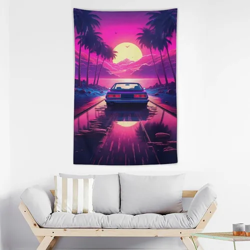 Miniatura 3 de QEOPGNE Synthwave - Tapiz morado para automóvil deportivo de anime, arte de pared de automóvil de carreras de neón, Vaporwave de neón, decoración