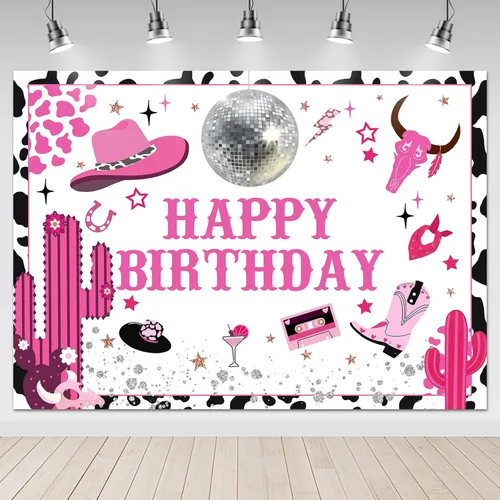Miniatura 5 de Avezano Fondo de fiesta de cumpleaños con diseño de vaca rosa intenso, para fiesta de cumpleaños de vaquera y vaquera (6 x 4 pies)