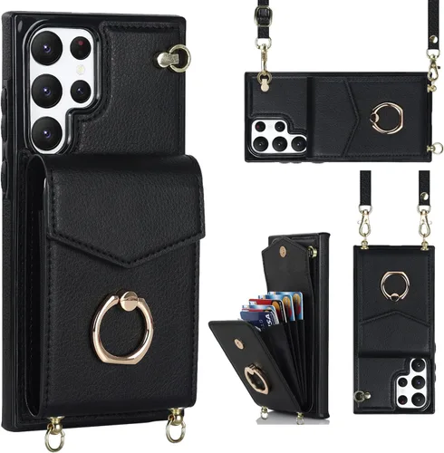 Funda para Samsung Galaxy S22 Ultra Case 5G 6.8 pulgadas, Funda Cartera Minimalista con Soporte de Anillo y Correa para el Hombro, Cubierta Negro