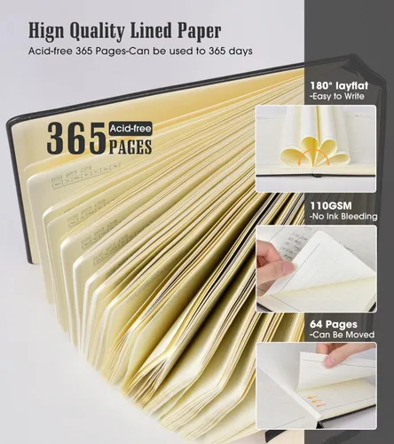 Miniatura 3 de Cuaderno rayado, 365 páginas B5, diarios grandes para escribir cuaderno a rayas, diario de cuero de tapa dura para mujeres y hombres, cuaderno Negro