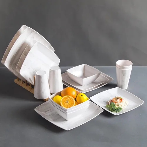 Miniatura 3 de Juego de vajilla de melamina de 16 piezas con aspecto de madera, tazas cuadradas, vasos de madera de grano de madera, platos de plástico