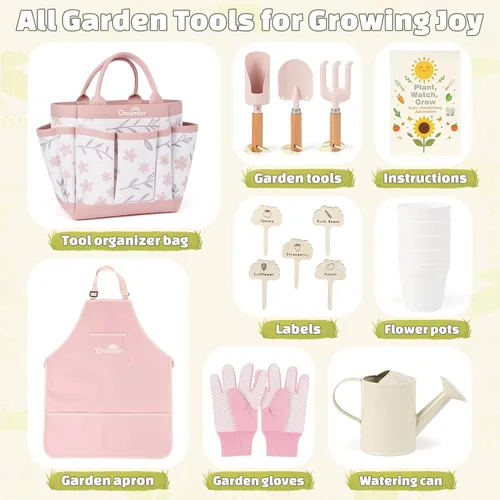 Miniatura 3 de Juego de jardinería para niños, kit de herramientas de jardinería para niños pequeños, incluye bolsa de mano, delantal, guantes, regadera, pala, Rosa