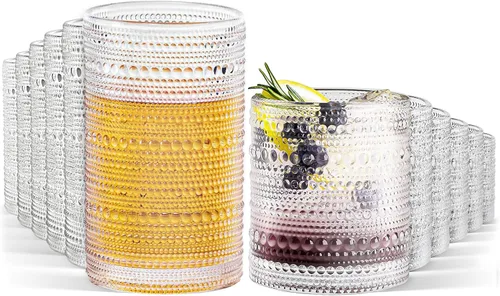 Miniatura 11 de Vasos altos vintage azules con reborde y pajitas, juego de 12 vasos de vidrio para cócteles, whisky, cerveza y jugo (15 onzas y 12 onzas)