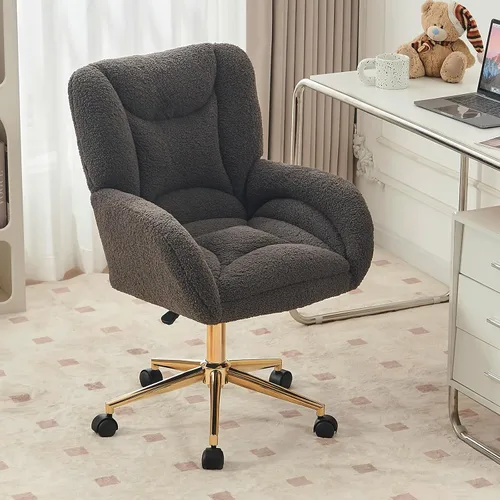 Miniatura 18 de FOXHUNTER Silla de tocador con respaldo ergonómico y ruedas, silla giratoria de 360°, silla de oficina en casa de altura ajustable para sala de Negro