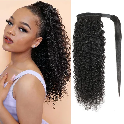 Miniatura 10 de Extensión de Cola de Caballo de Cabello Humano Kinky Recto con Pasta Mágica Envolvente de 30,48 cm, Cabello Natural Negro Brasileño, Extensiones
