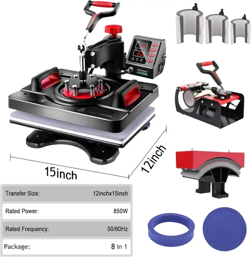 Miniatura 7 de Máquina de prensa de calor industrial 8 en 1 mejorada de 15 x 12 – Potencia de sublimación de oscilación digital, calefacción de grado profesional
