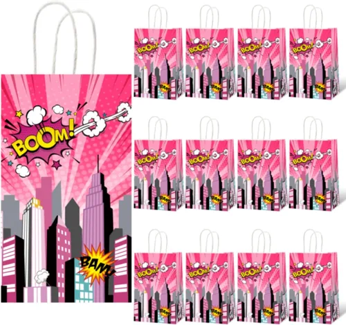 gisgfim 12 piezas de bolsas de suministros para fiesta temática de Super Girl, bolsas de papel para golosinas y tratamientos de cumpleaños de