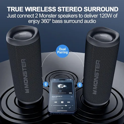 Miniatura 3 de Monster Altavoz Bluetooth, altavoces Bluetooth portátiles inalámbricos para exteriores, 60 W estéreo inalámbrico verdadero IPX8 impermeable, doble