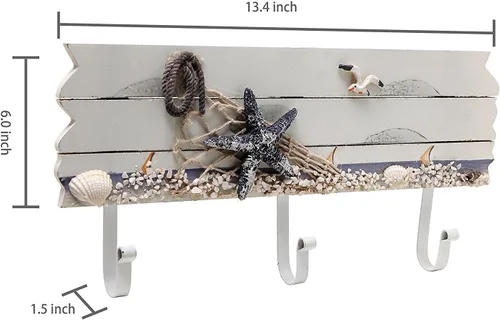 Miniatura 5 de Perchero de madera con 3 ganchos de metal con diseño de mar y playa, con estrellas de mar, gaviotas y conchas de mar