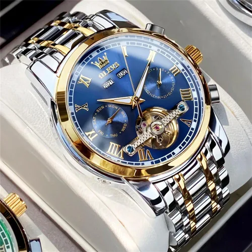 Miniatura 2 de OLEVS Reloj automático para hombre, cuerda automática, mecánica, de lujo, de acero inoxidable, multicalendario, impermeable, luminoso, reloj