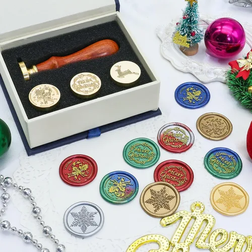 Miniatura 3 de SWANGSA - Juego de sellos de cera, estilo vintage, 4 cabezas con patrones navideños y 1 mango de madera para regalos de Navidad y Año Nuevo