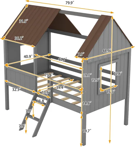 Miniatura 2 de Quarte Fun House - Cama con techo y dos ventanas laterales, cama baja de madera tamaño individual con escaleras pequeñas y barandilla, para niños