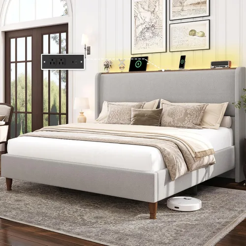 Miniatura 10 de LARMACE Base de cama tamaño Queen con luces LED y estación de carga, base de cama de plataforma tapizada de lino con cabecera de 51.2 pulgadas
